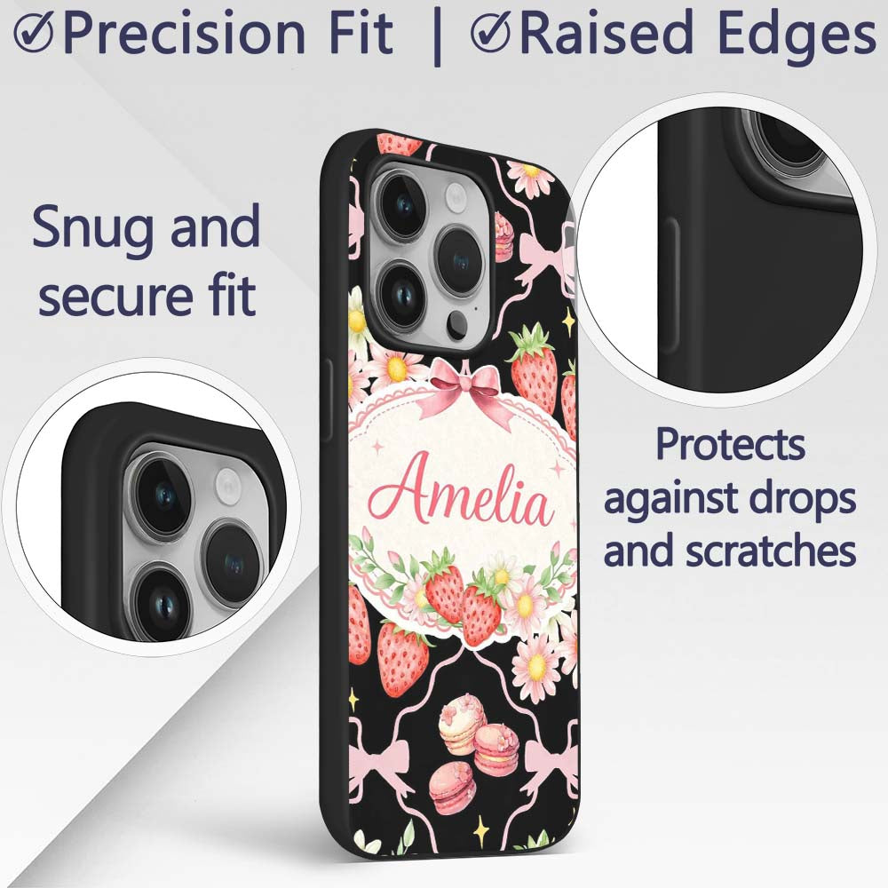Strawberry Cherry Daisy Soft Neutral Outline Cute Custom Name Protective Phone Case Mobile Cover Durable Everyday Smartphone Shock Resistant