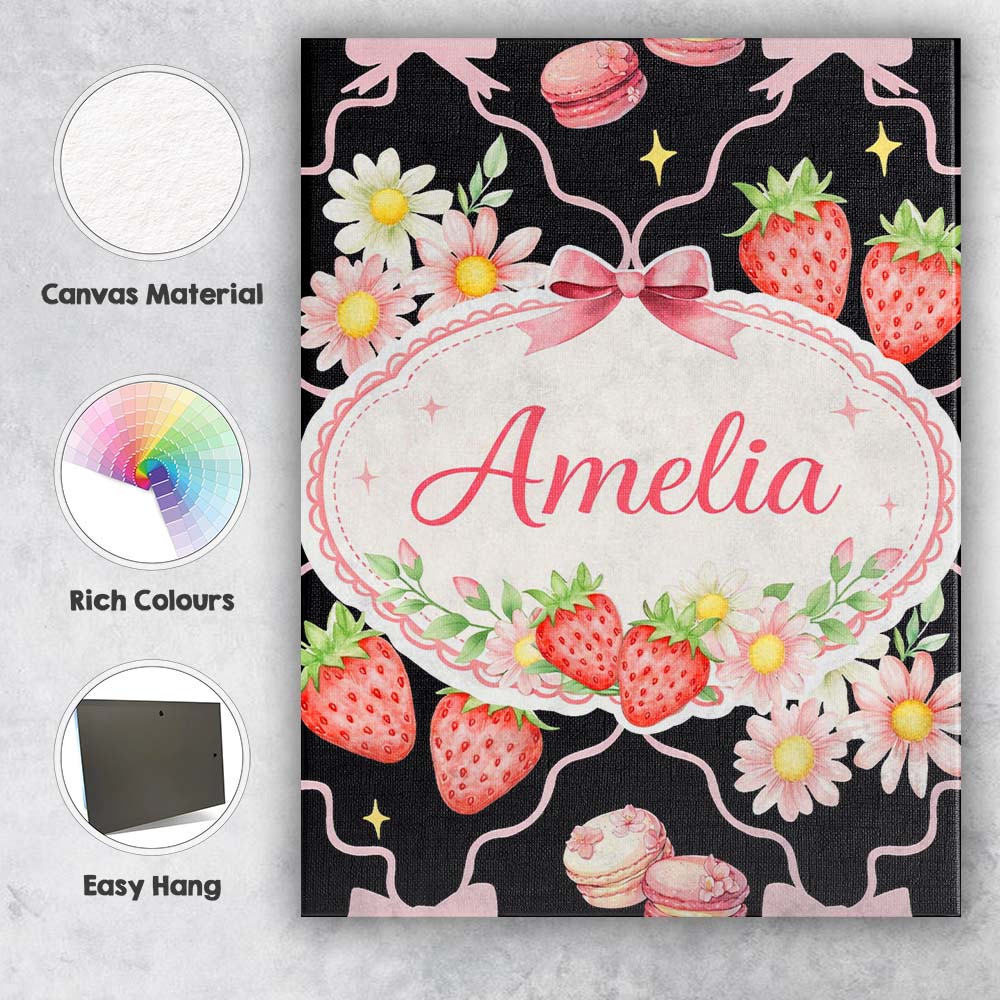 Personalised Name Strawberry Cherry Daisy Soft Neutral Outline Cute Custom Canvas Wall Art Print Decor Picture Ready to Hang