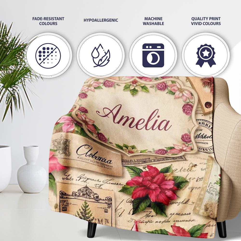 Vintage Floral Christmas Cards Poinsettia Roses and Antique Paper Personalised Custom Name Super Soft Fleece Blanket Bed Sofa Throw