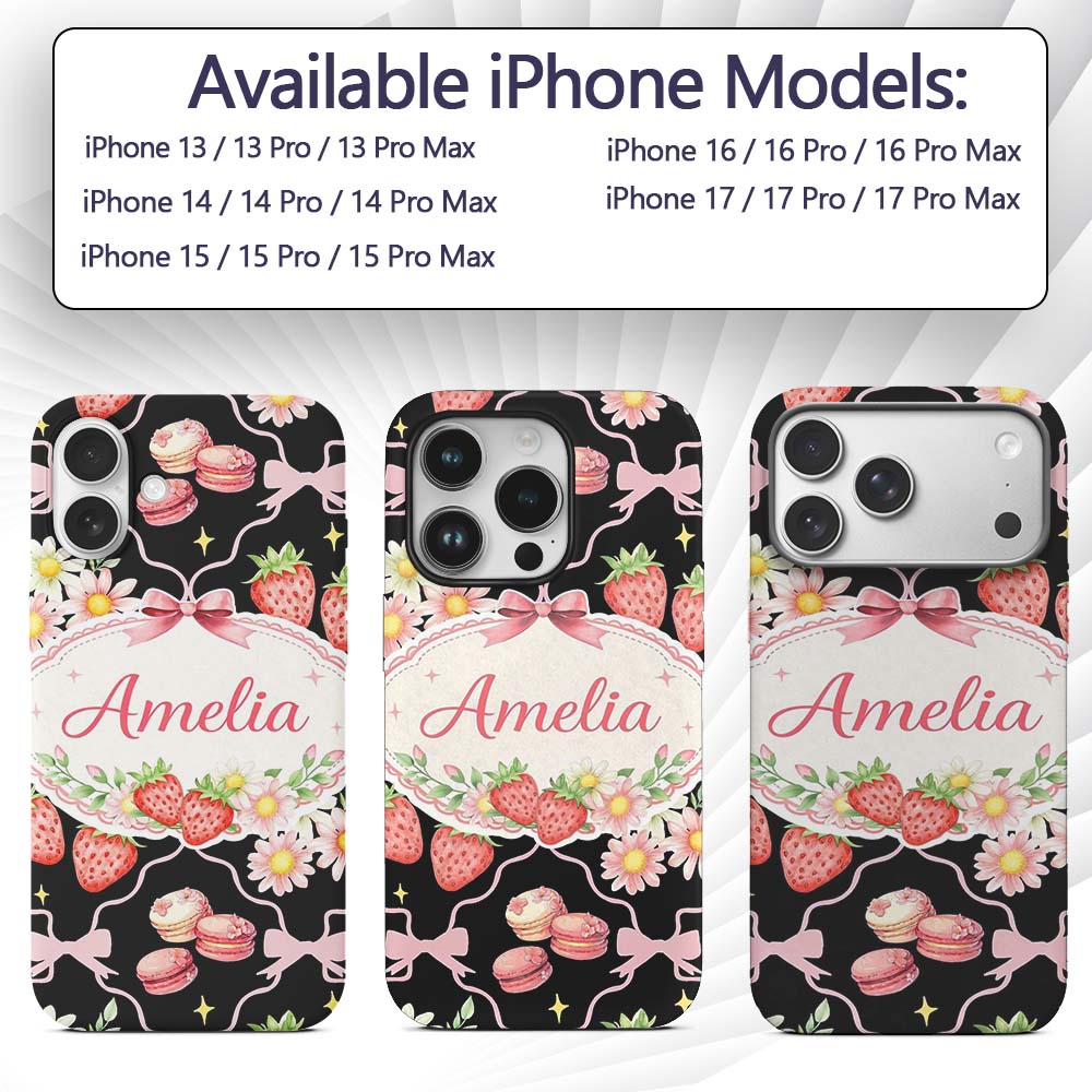 Strawberry Cherry Daisy Soft Neutral Outline Cute Custom Name Protective Phone Case Mobile Cover Durable Everyday Smartphone Shock Resistant
