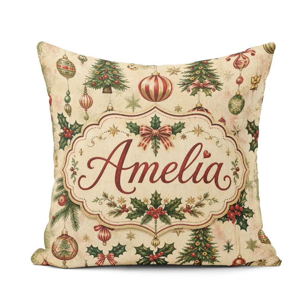 Custom Name Classic Baubles Trees and Snowflakes Festive Pattern Square Filled Cushion Throw Pillow Sofa Bed Home Decor Zip Washable UK Made