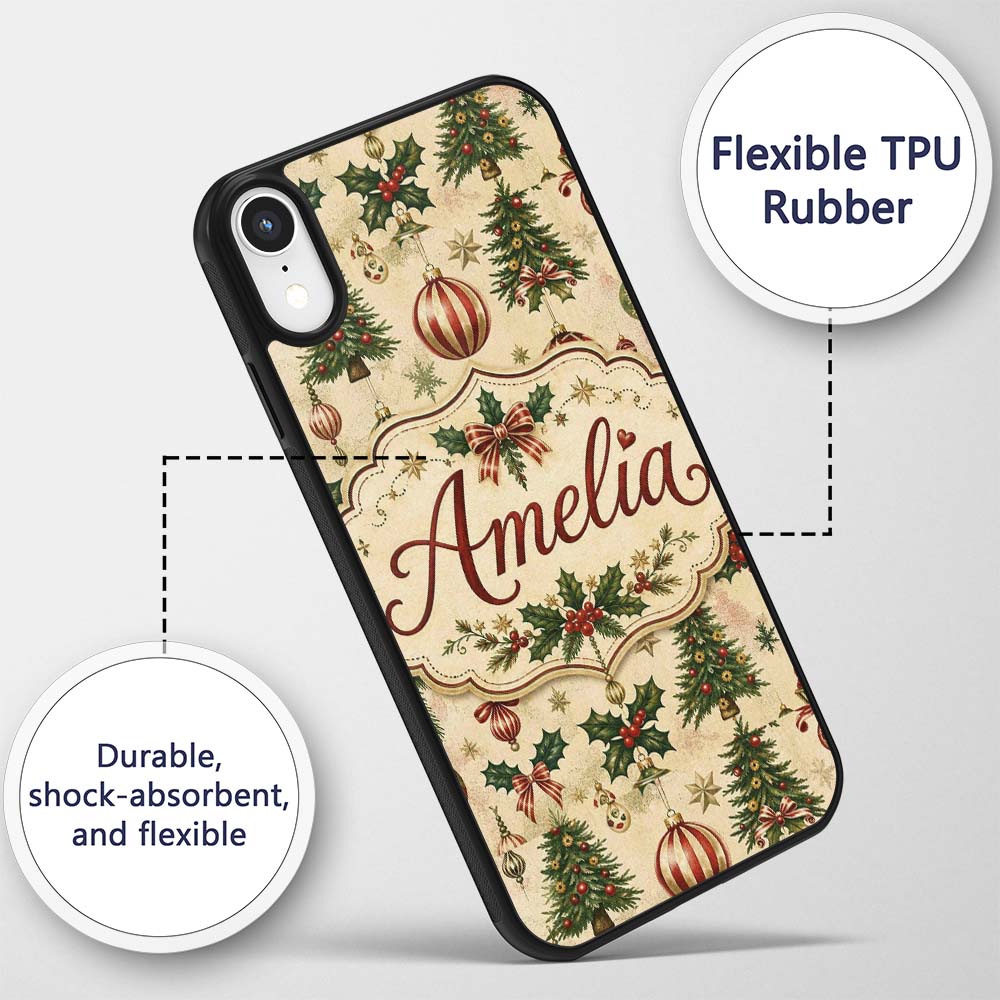 Classic Christmas Baubles Trees and Snowflakes Custom Name Protective Phone Case Mobile Cover Durable Everyday Smartphone Shock Resistant