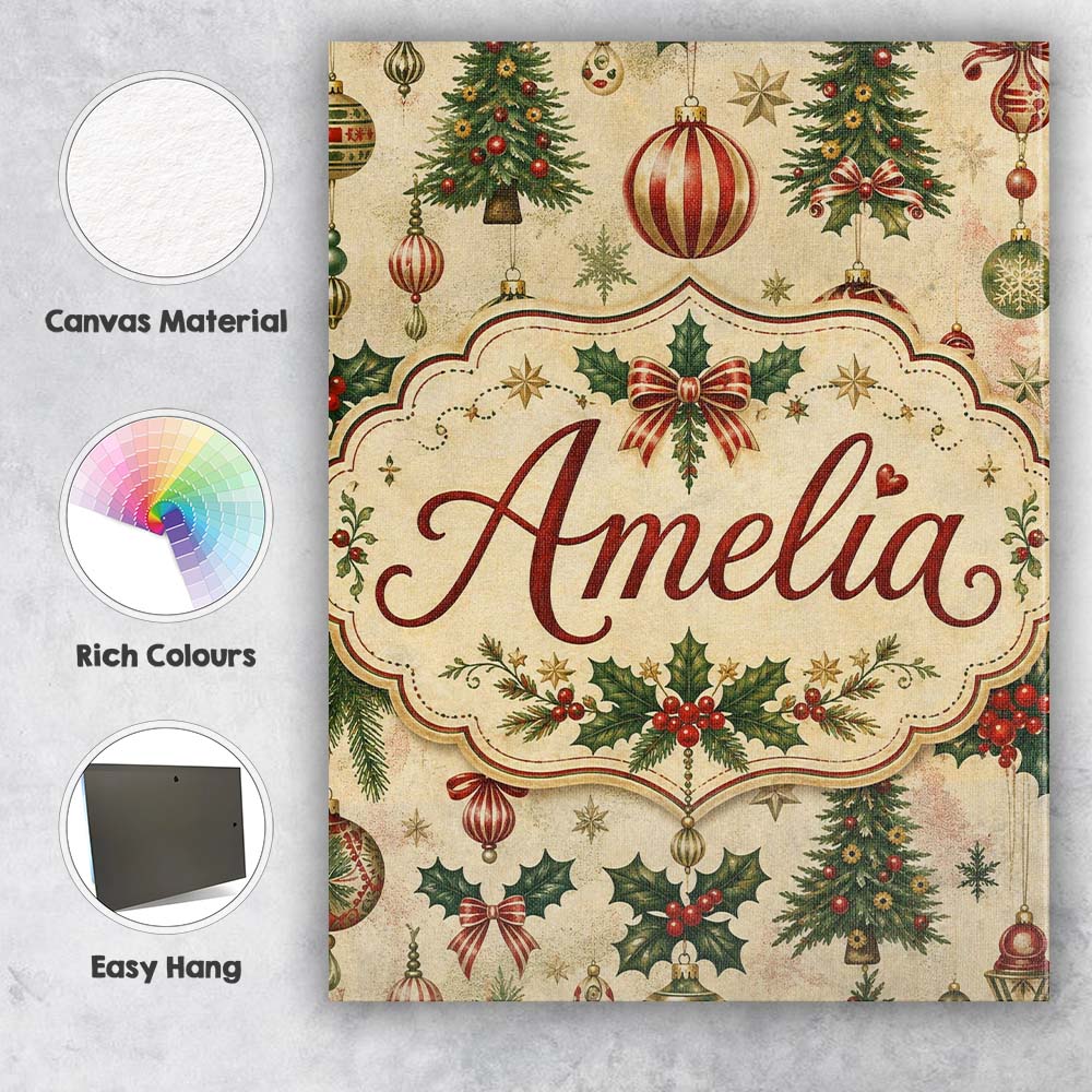 Personalised Name Classic Christmas Baubles Custom Bespoke Interior Contemporary Canvas Wall Art Print Decor Picture Ready to Hang
