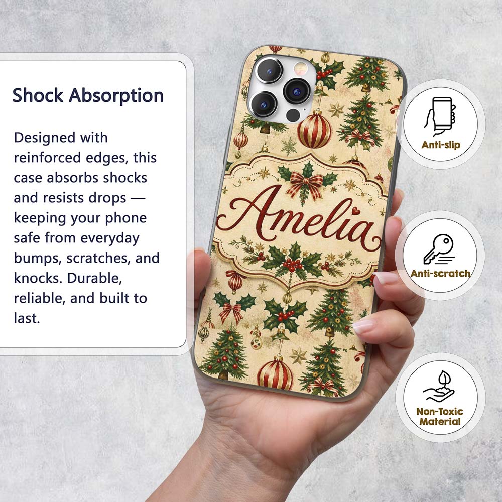 Classic Christmas Baubles Trees and Snowflakes Custom Name Protective Phone Case Mobile Cover Durable Everyday Smartphone Shock Resistant