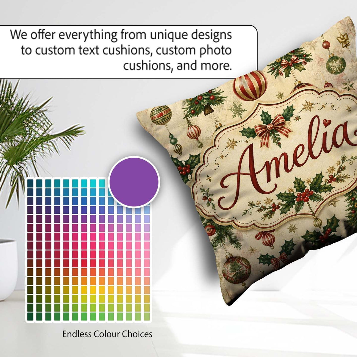 Custom Name Classic Baubles Trees and Snowflakes Festive Pattern Square Filled Cushion Throw Pillow Sofa Bed Home Decor Zip Washable UK Made