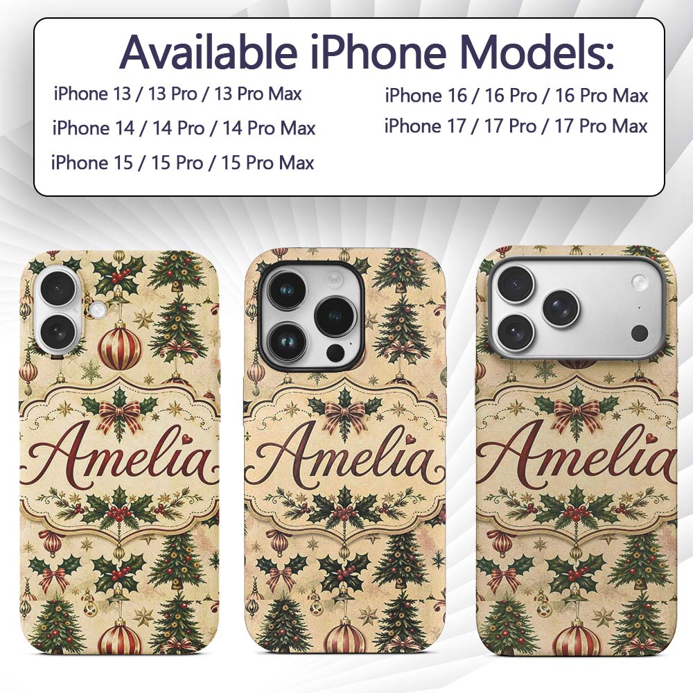 Classic Christmas Baubles Trees and Snowflakes Custom Name Protective Phone Case Mobile Cover Durable Everyday Smartphone Shock Resistant