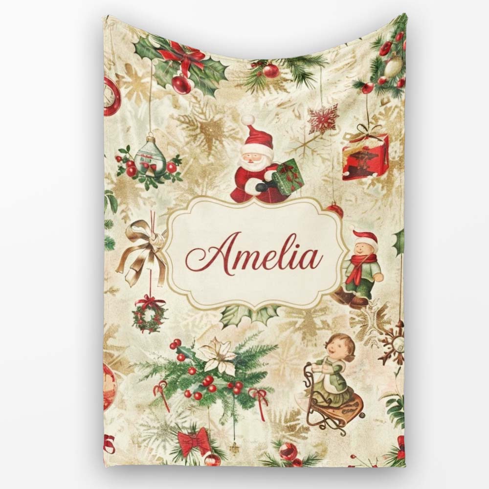 Whimsical Santa Claus Gifts Children and Hanging Ornaments Festive Personalised Custom Name Super Soft Fleece Blanket Bed Sofa Throw