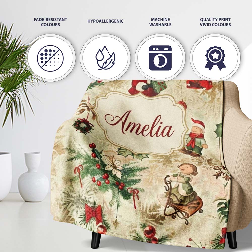 Whimsical Santa Claus Gifts Children and Hanging Ornaments Festive Personalised Custom Name Super Soft Fleece Blanket Bed Sofa Throw