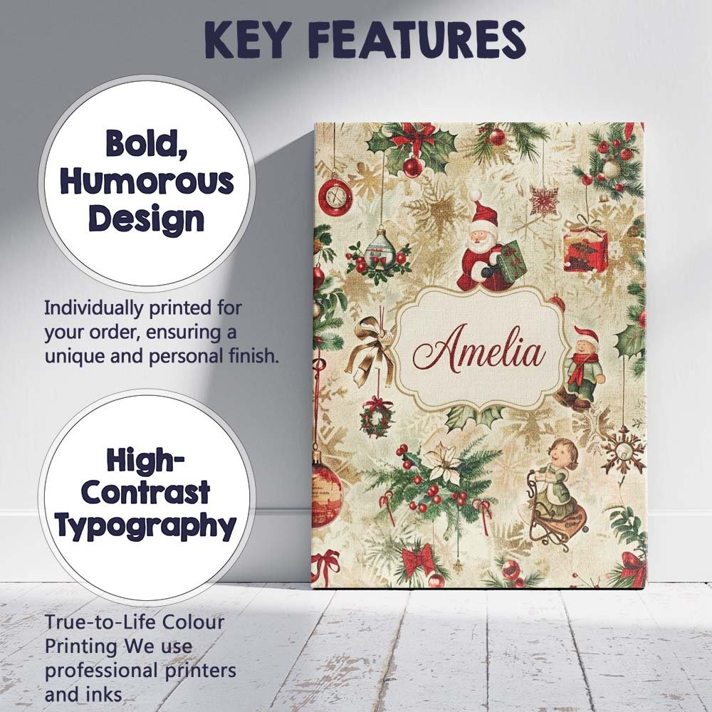 Personalised Name Whimsical Santa Claus Custom Modern Room Accent Elegant Feature Canvas Wall Art Print Decor Picture Ready to Hang