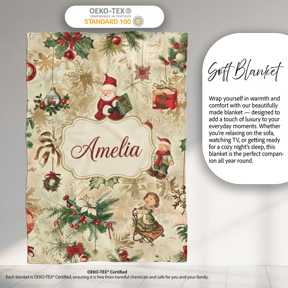Whimsical Santa Claus Gifts Children and Hanging Ornaments Festive Personalised Custom Name Super Soft Fleece Blanket Bed Sofa Throw