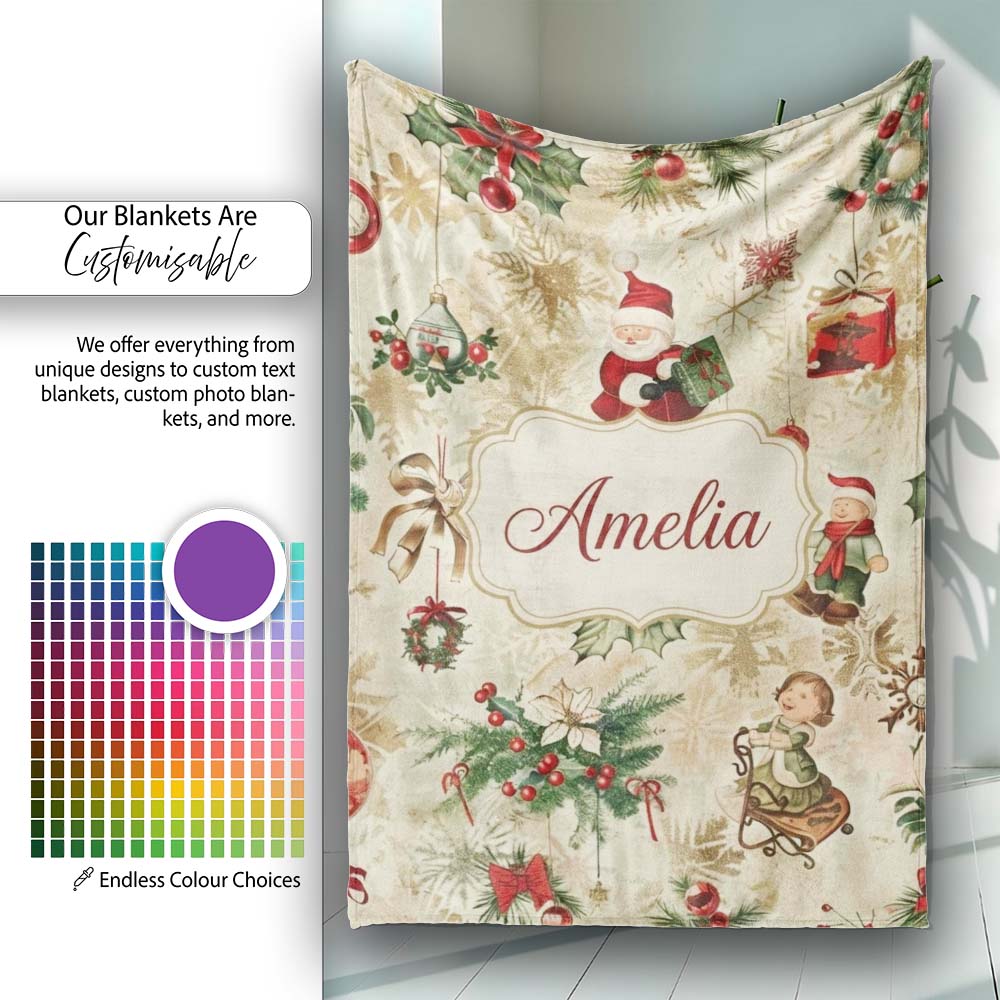Whimsical Santa Claus Gifts Children and Hanging Ornaments Festive Personalised Custom Name Super Soft Fleece Blanket Bed Sofa Throw