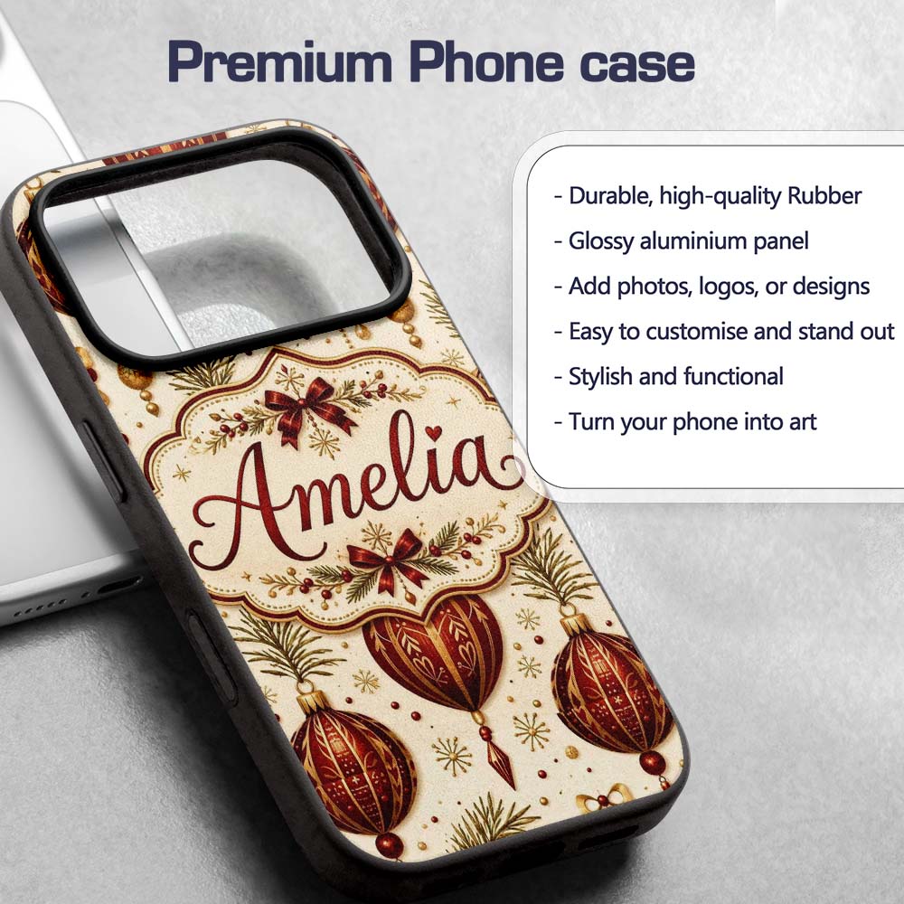 Vintage Christmas Bells Holly Printed Design Custom Name Protective Phone Case Mobile Cover Durable Everyday Smartphone Shock Resistant