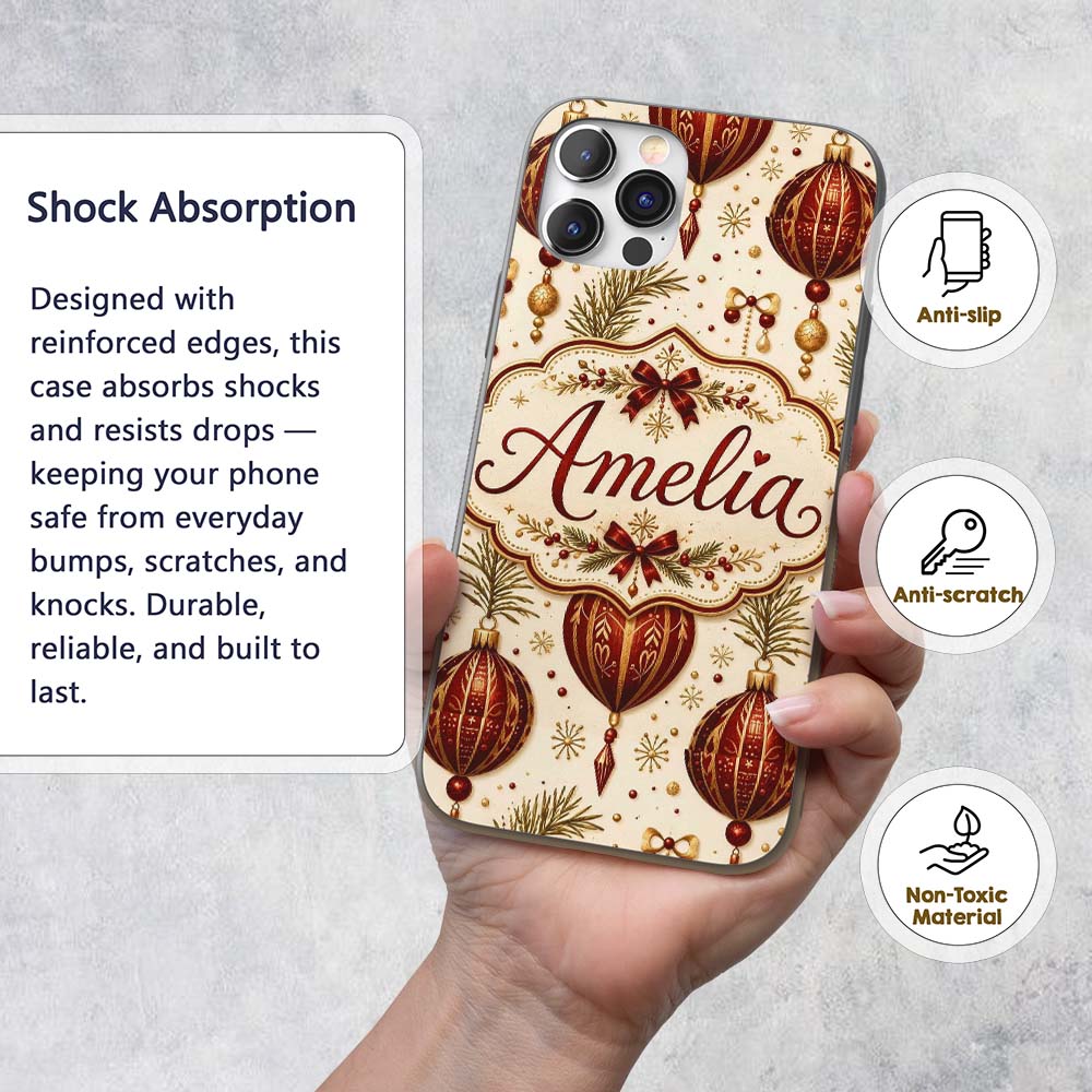 Vintage Christmas Bells Holly Printed Design Custom Name Protective Phone Case Mobile Cover Durable Everyday Smartphone Shock Resistant