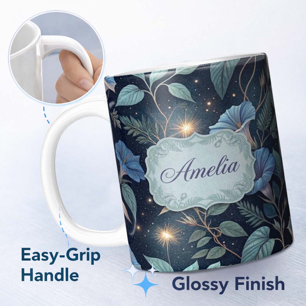 Personalized Custom Name Blue Floral Night Sky Botanical Stars Seamless Pattern Lovely 11oz Ceramic Coffee Tea Mug White Large Handle