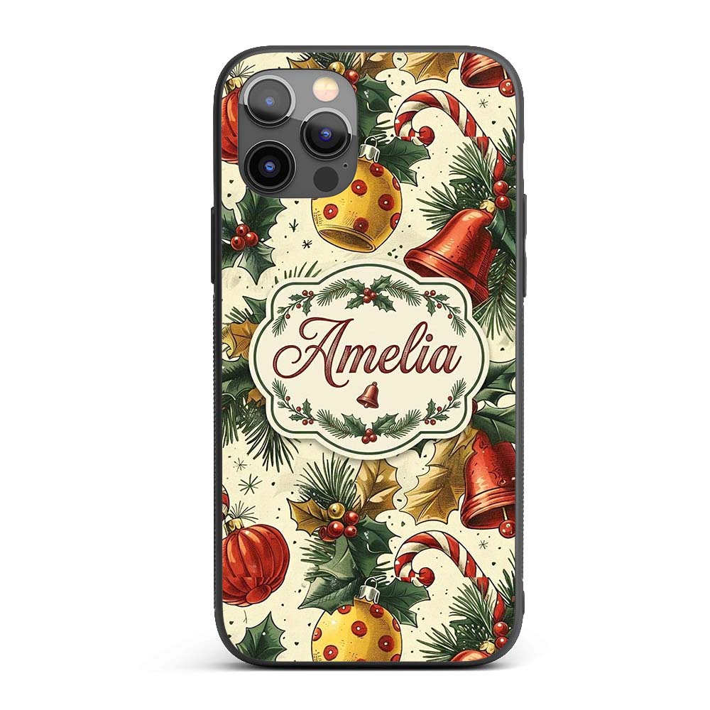 Elegant Christmas Baubles Pine Branches Bows and Custom Name Protective Phone Case Mobile Cover Durable Everyday Smartphone Shock Resistant