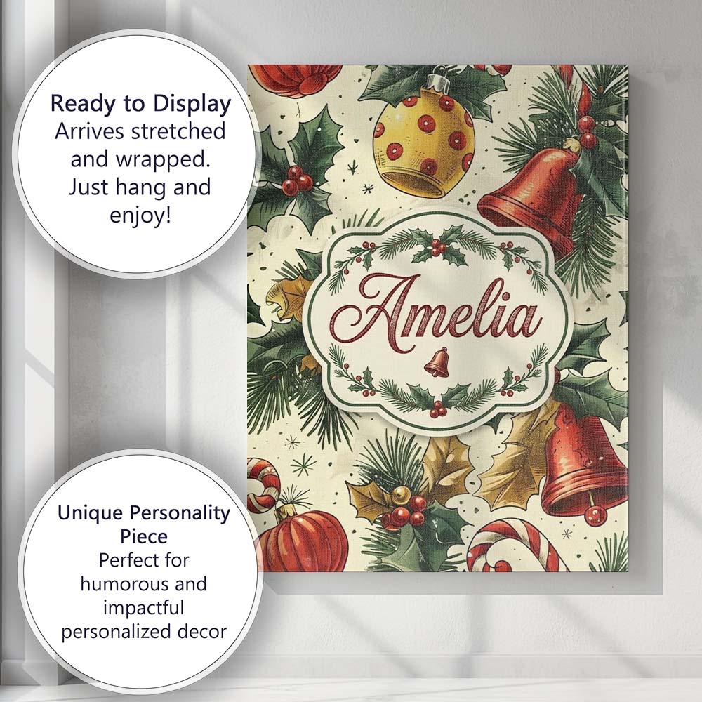 Personalised Name Elegant Christmas Baubles Custom Bespoke Interior Contemporary Canvas Wall Art Print Decor Picture Ready to Hang