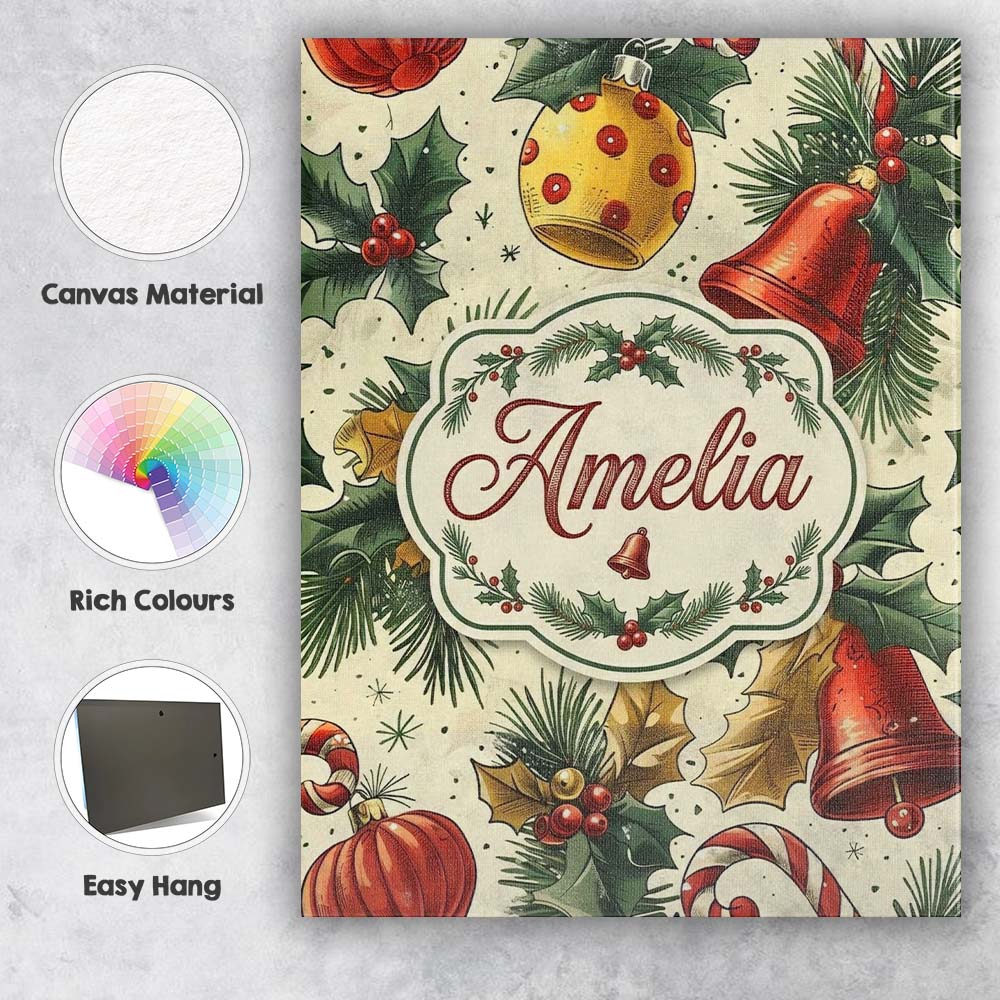 Personalised Name Elegant Christmas Baubles Custom Bespoke Interior Contemporary Canvas Wall Art Print Decor Picture Ready to Hang