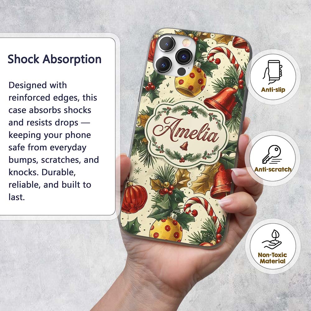 Elegant Christmas Baubles Pine Branches Bows and Custom Name Protective Phone Case Mobile Cover Durable Everyday Smartphone Shock Resistant