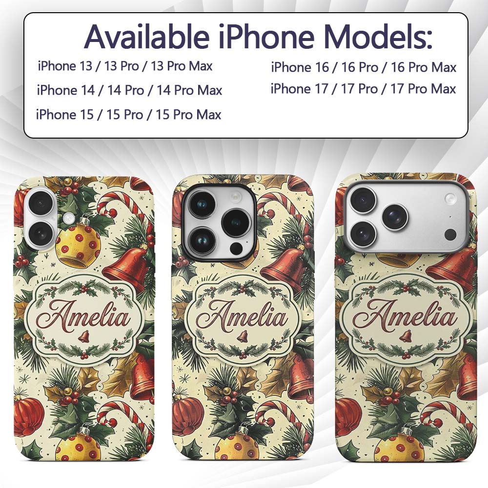 Elegant Christmas Baubles Pine Branches Bows and Custom Name Protective Phone Case Mobile Cover Durable Everyday Smartphone Shock Resistant