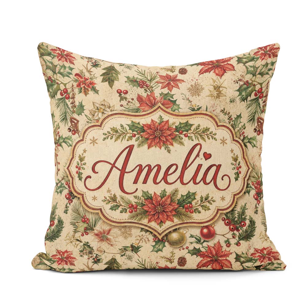 Custom Name Delicate Christmas Florals Holly Berries Pine Sprigs Square Filled Cushion Throw Pillow Sofa Bed Home Decor Zip Washable UK Made