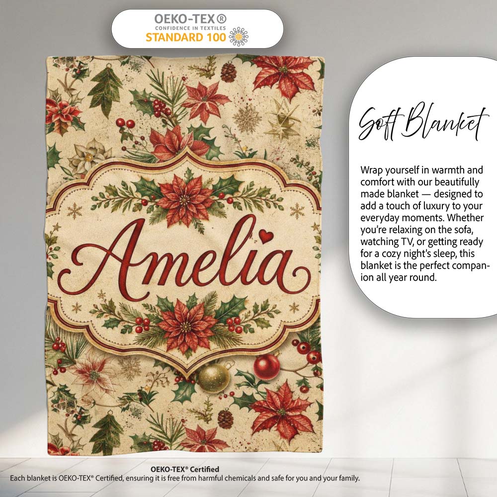 Delicate Christmas Florals Holly Berries Pine Sprigs and Festive Personalised Custom Name Super Soft Fleece Blanket Bed Sofa Throw