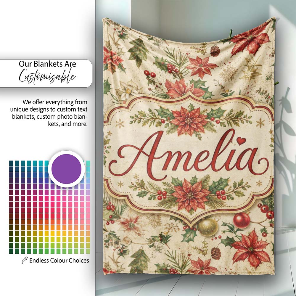 Delicate Christmas Florals Holly Berries Pine Sprigs and Festive Personalised Custom Name Super Soft Fleece Blanket Bed Sofa Throw