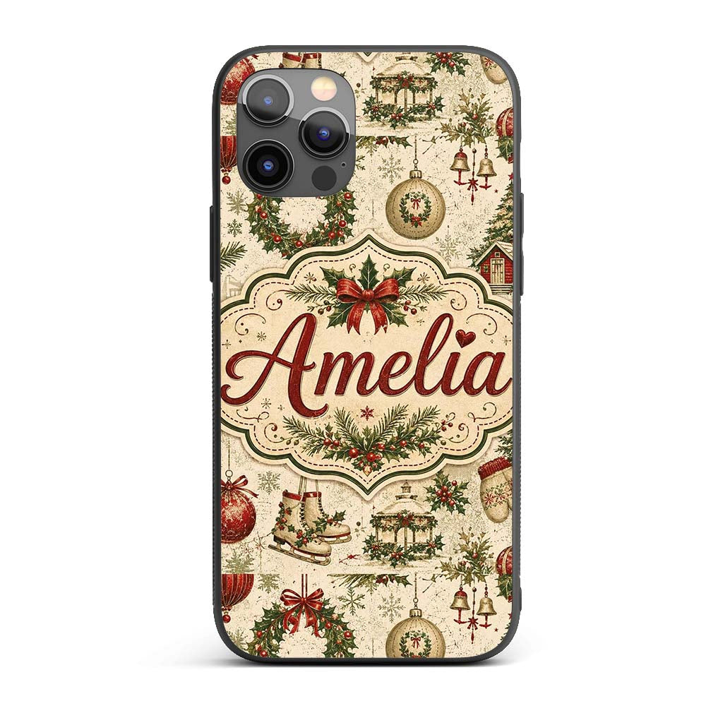 Rustic Christmas Wreath Bells Pine Printed Design Custom Name Protective Phone Case Mobile Cover Durable Everyday Smartphone Shock Resistant
