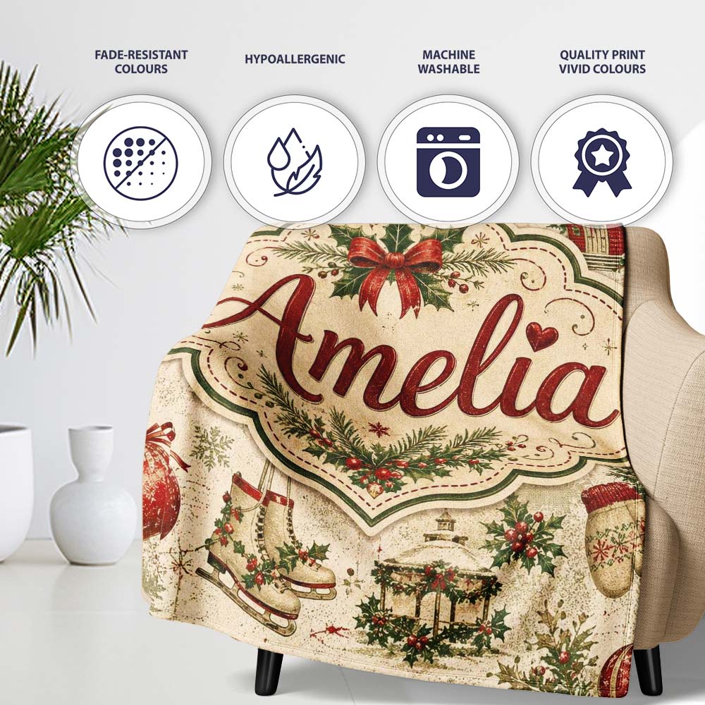 Rustic Christmas Wreath Bells Pine Branches Baubles and Snowy Lovely Personalised Custom Name Super Soft Fleece Blanket Bed Sofa Throw