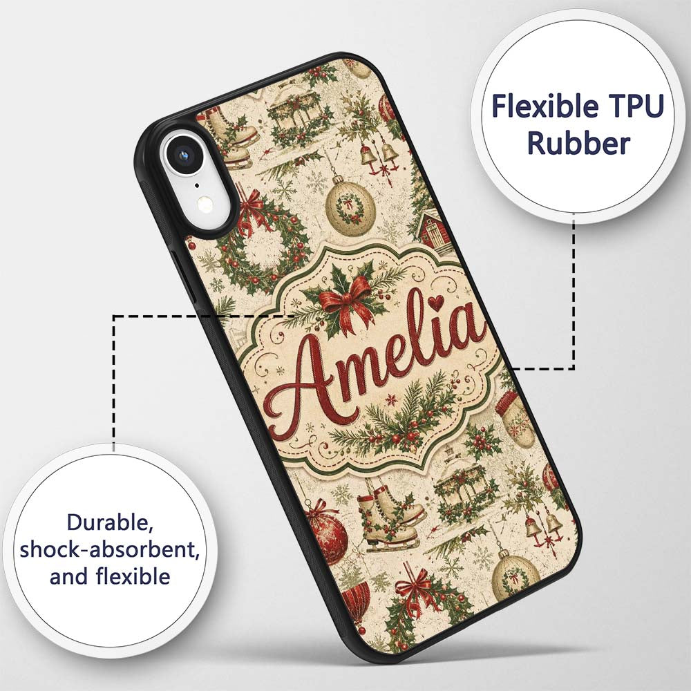 Rustic Christmas Wreath Bells Pine Printed Design Custom Name Protective Phone Case Mobile Cover Durable Everyday Smartphone Shock Resistant