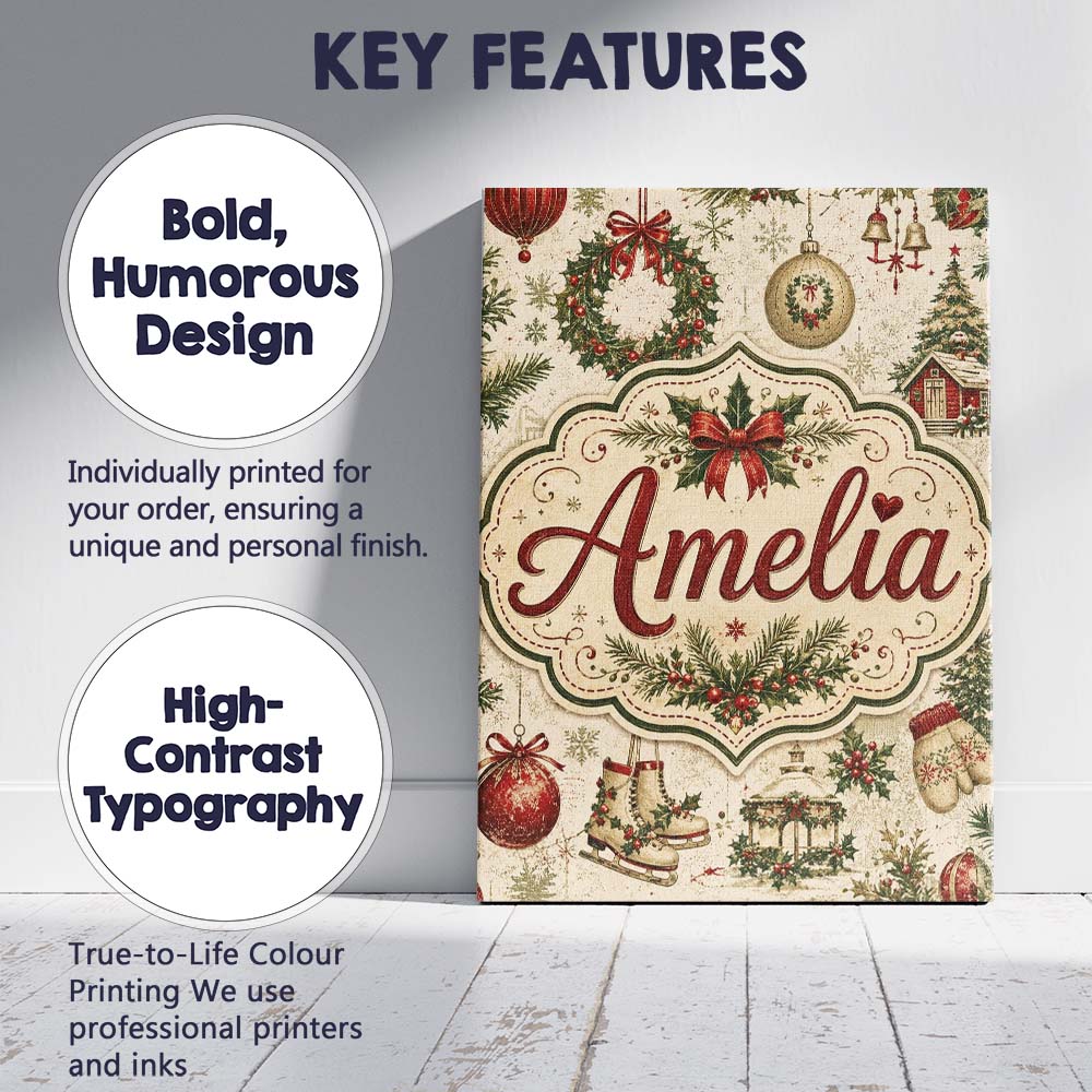Personalised Name Rustic Christmas Wreath Custom Unique Gift Idea Elegant Feature Canvas Wall Art Print Decor Picture Ready to Hang