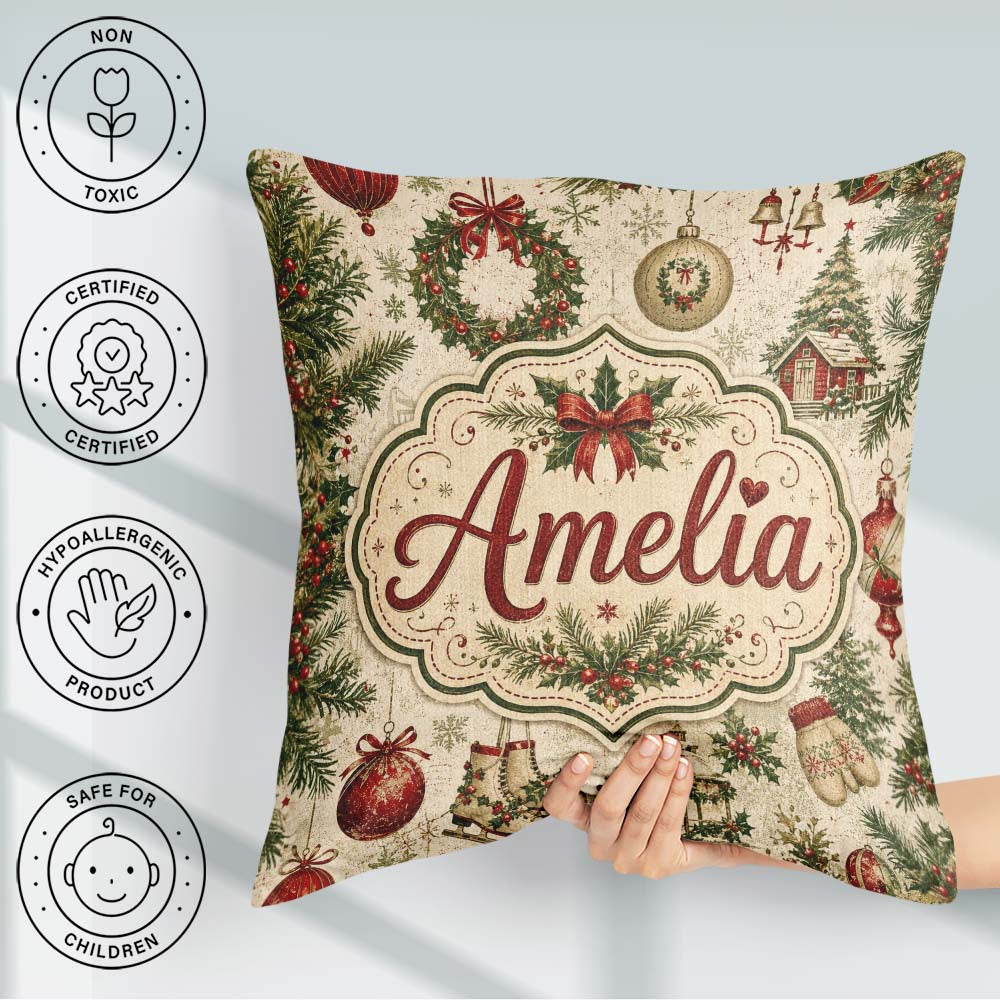 Custom Name Rustic Christmas Wreath Bells Pine Baubles and Snowy Square Filled Cushion Throw Pillow Sofa Bed Home Decor Zip Washable UK Made