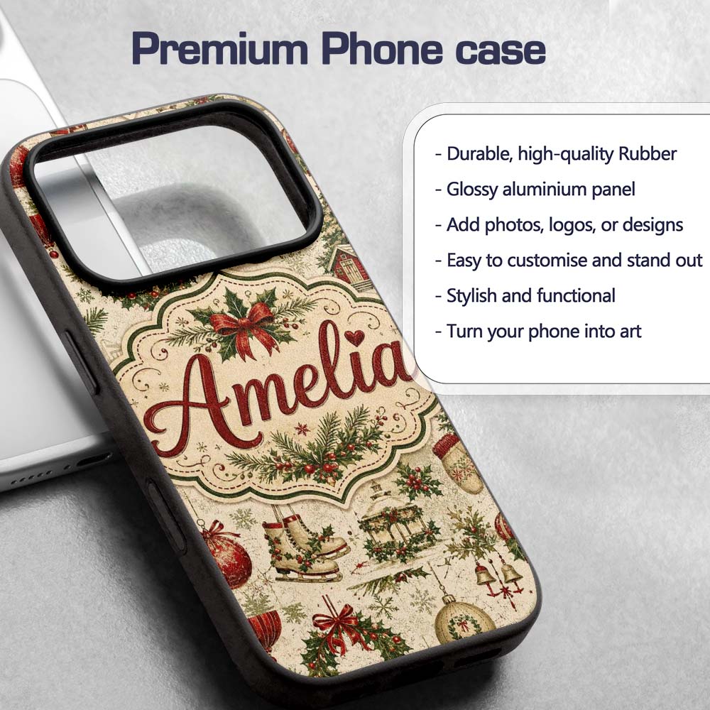 Rustic Christmas Wreath Bells Pine Printed Design Custom Name Protective Phone Case Mobile Cover Durable Everyday Smartphone Shock Resistant