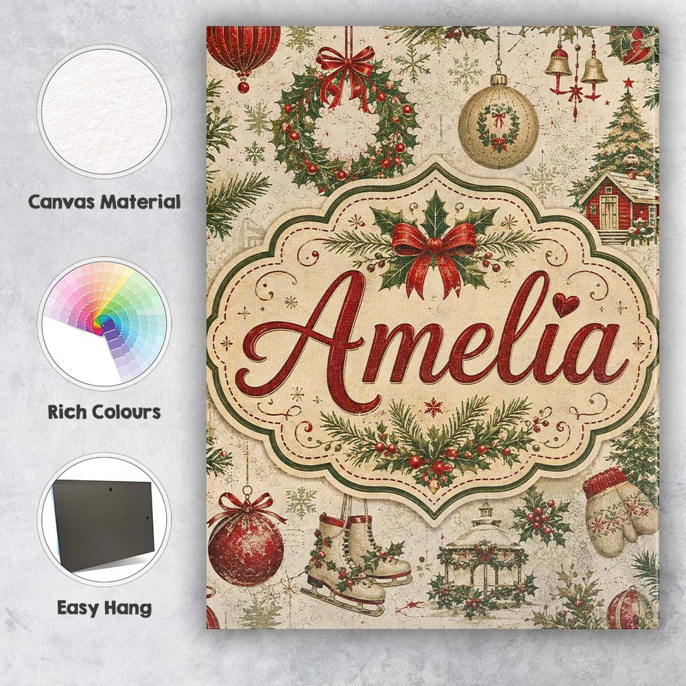 Personalised Name Rustic Christmas Wreath Custom Unique Gift Idea Elegant Feature Canvas Wall Art Print Decor Picture Ready to Hang