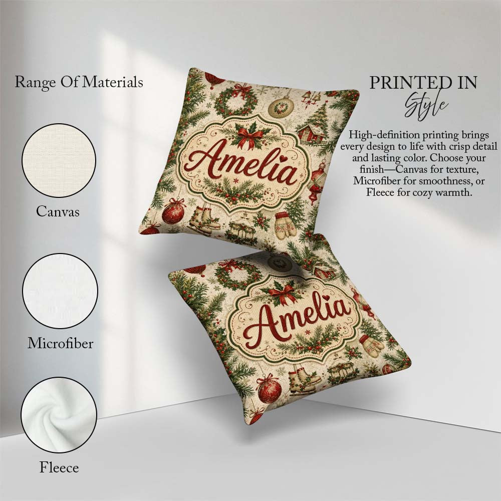 Custom Name Rustic Christmas Wreath Bells Pine Baubles and Snowy Square Filled Cushion Throw Pillow Sofa Bed Home Decor Zip Washable UK Made