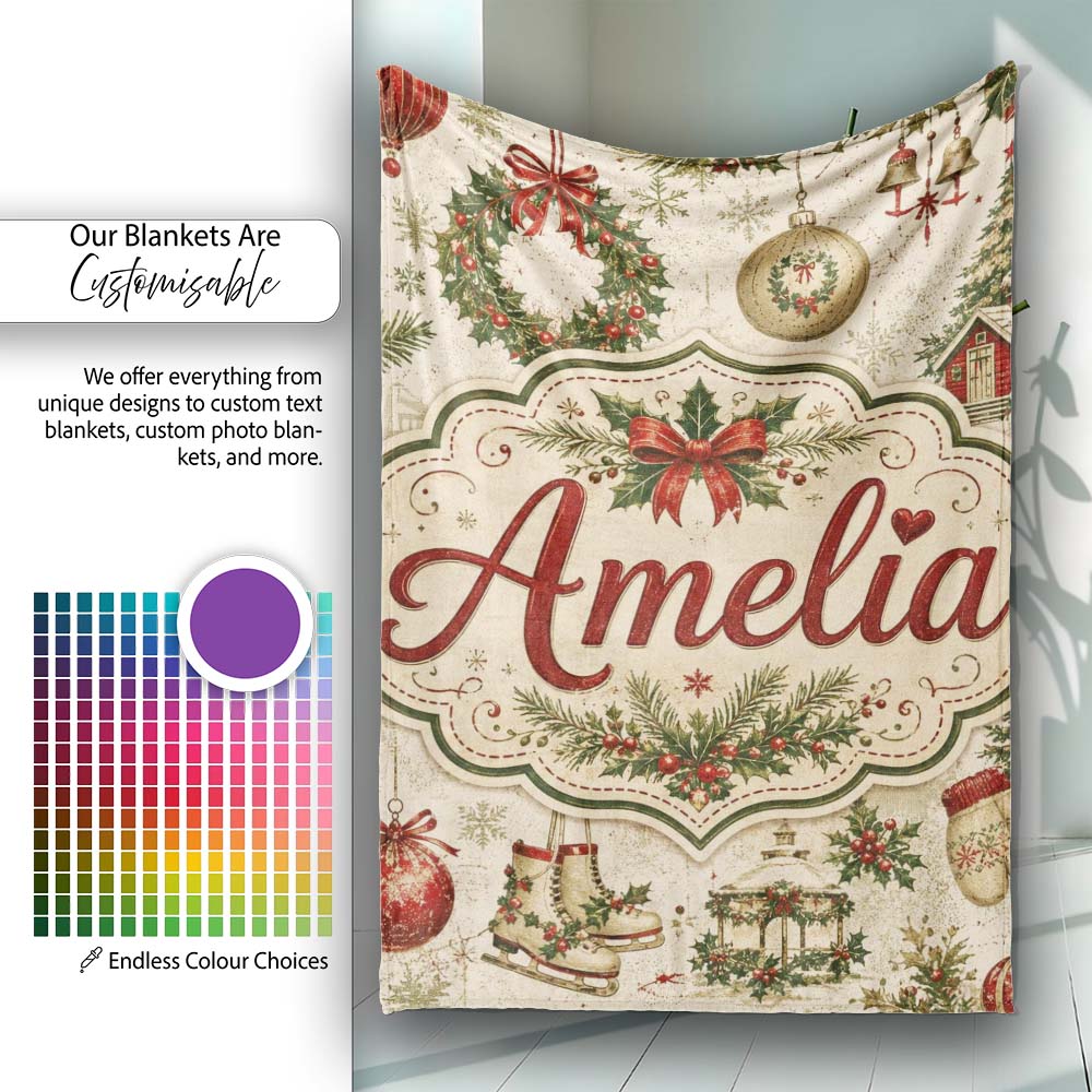 Rustic Christmas Wreath Bells Pine Branches Baubles and Snowy Lovely Personalised Custom Name Super Soft Fleece Blanket Bed Sofa Throw
