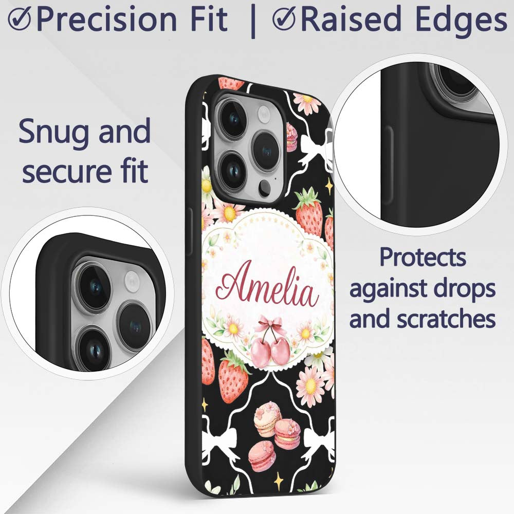 Strawberry Cherry Daisy White Printed Design Custom Name Protective Phone Case Mobile Cover Durable Everyday Smartphone Shock Resistant