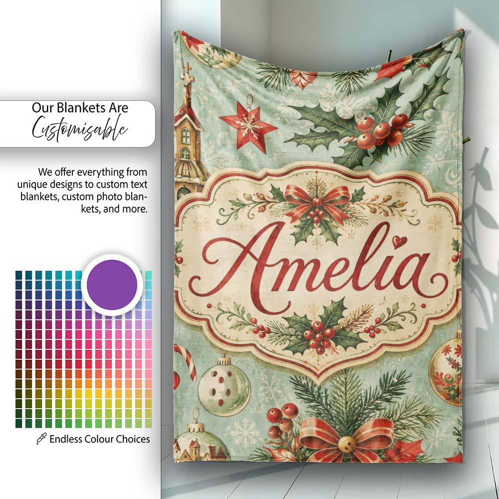 Vintage Christmas Baubles Holly Berries Candy Cane and Snowflakes Personalised Custom Name Super Soft Fleece Blanket Bed Sofa Throw