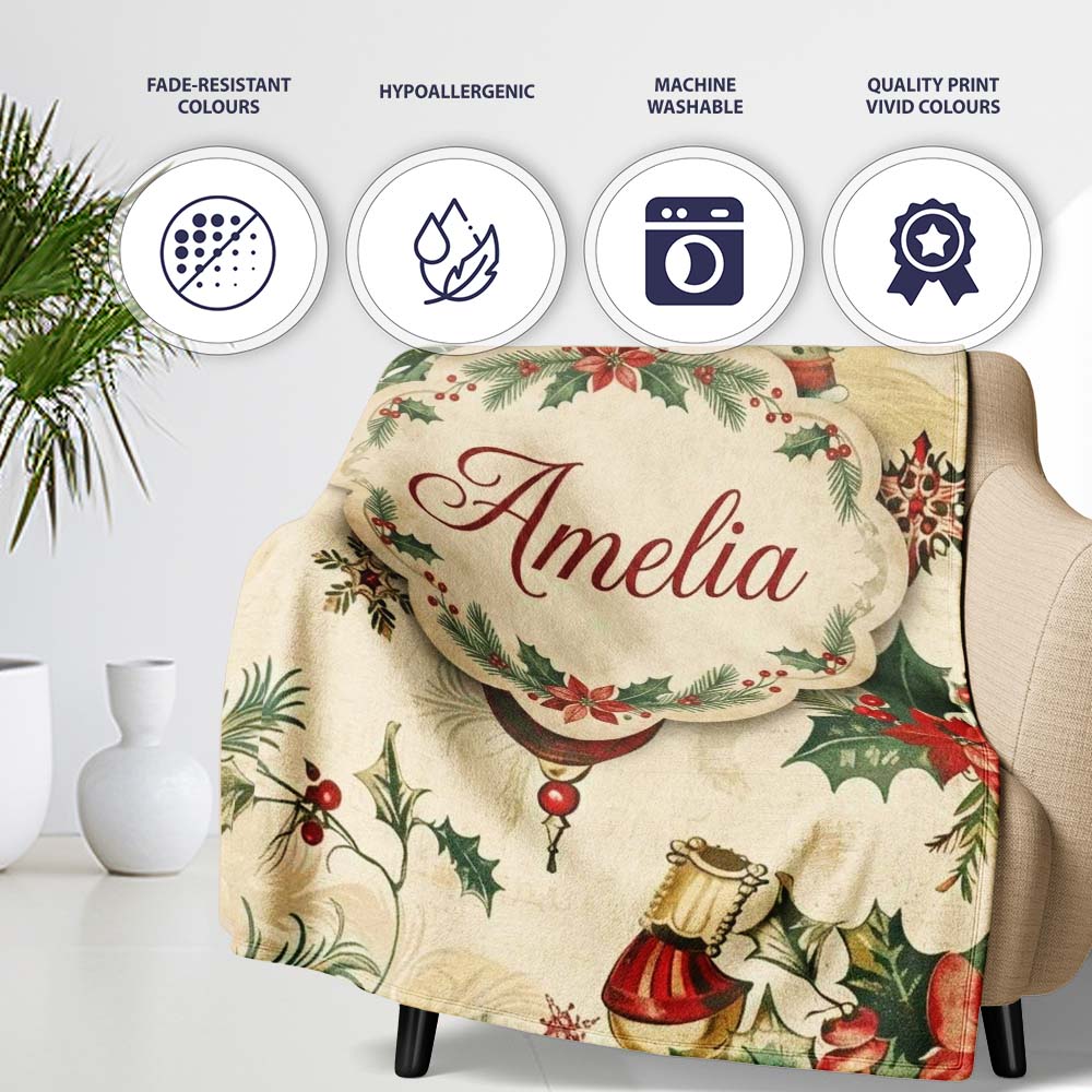 Elegant Christmas Floral Holly Ornaments Snowflakes and Festive Personalised Custom Name Super Soft Fleece Blanket Bed Sofa Throw