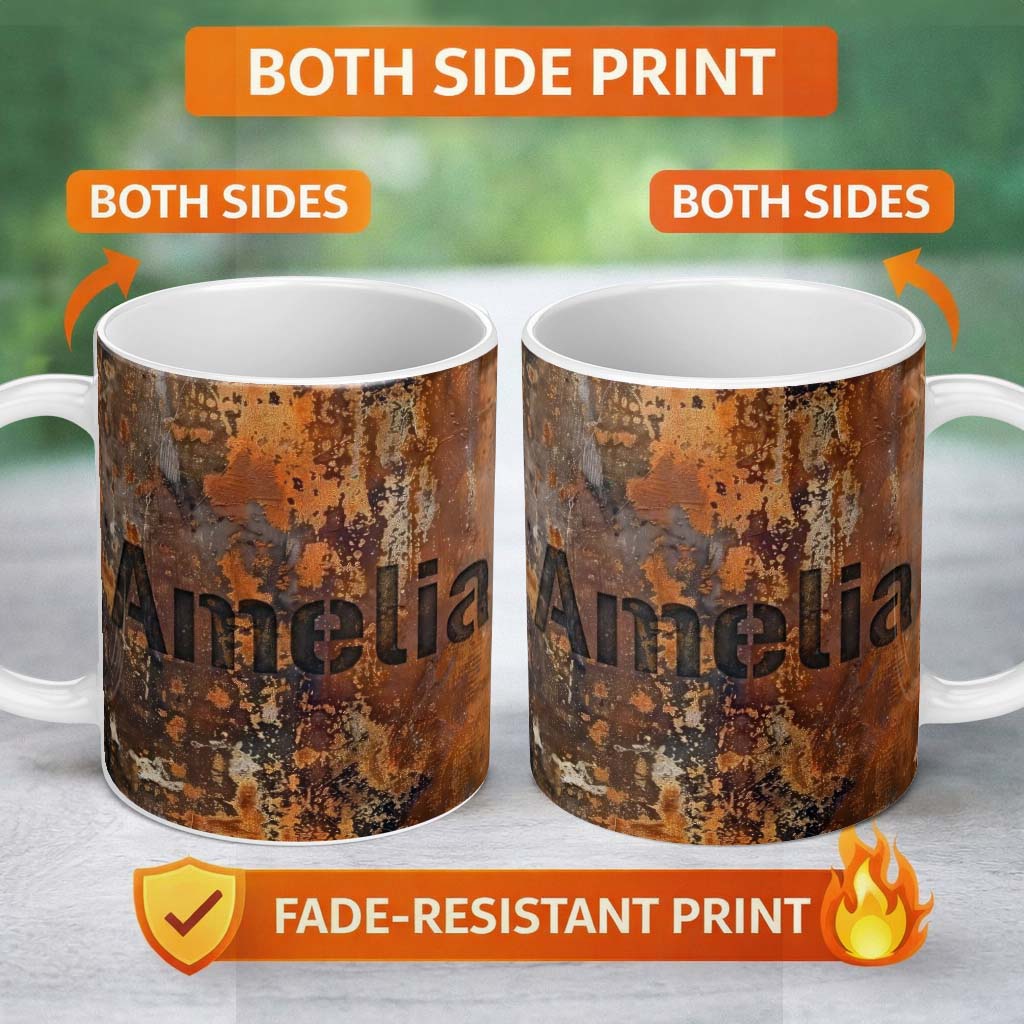 Personalized Custom Name Vintage Rusted Surface Texture Seamless Pattern Weathered Metal 11oz Ceramic Coffee Tea Mug White Large Handle