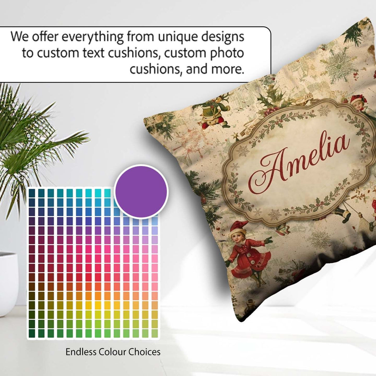 Custom Name Victorian Style Christmas Children Holly and Festive Square Filled Cushion Throw Pillow Sofa Bed Home Decor Zip Washable UK Made