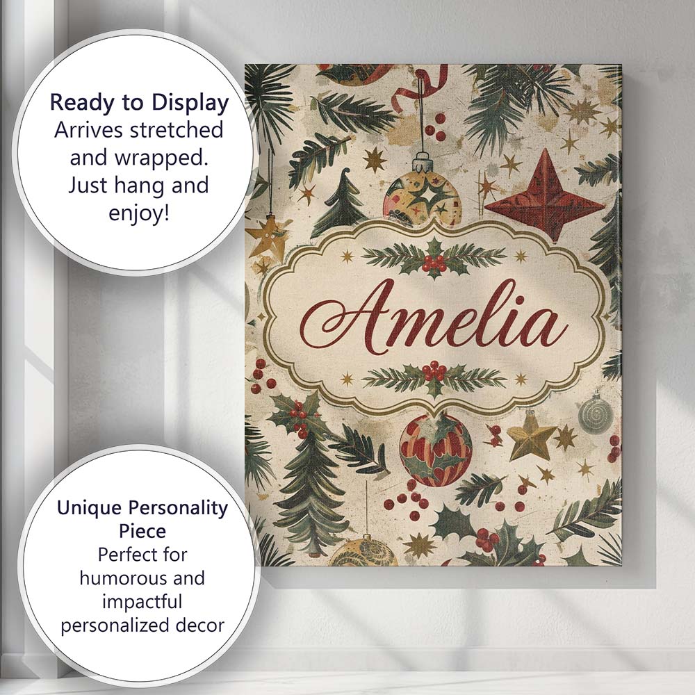 Personalised Name Classic Christmas Ornaments Custom Unique Gift Idea Modern Room Accent Canvas Wall Art Print Decor Picture Ready to Hang