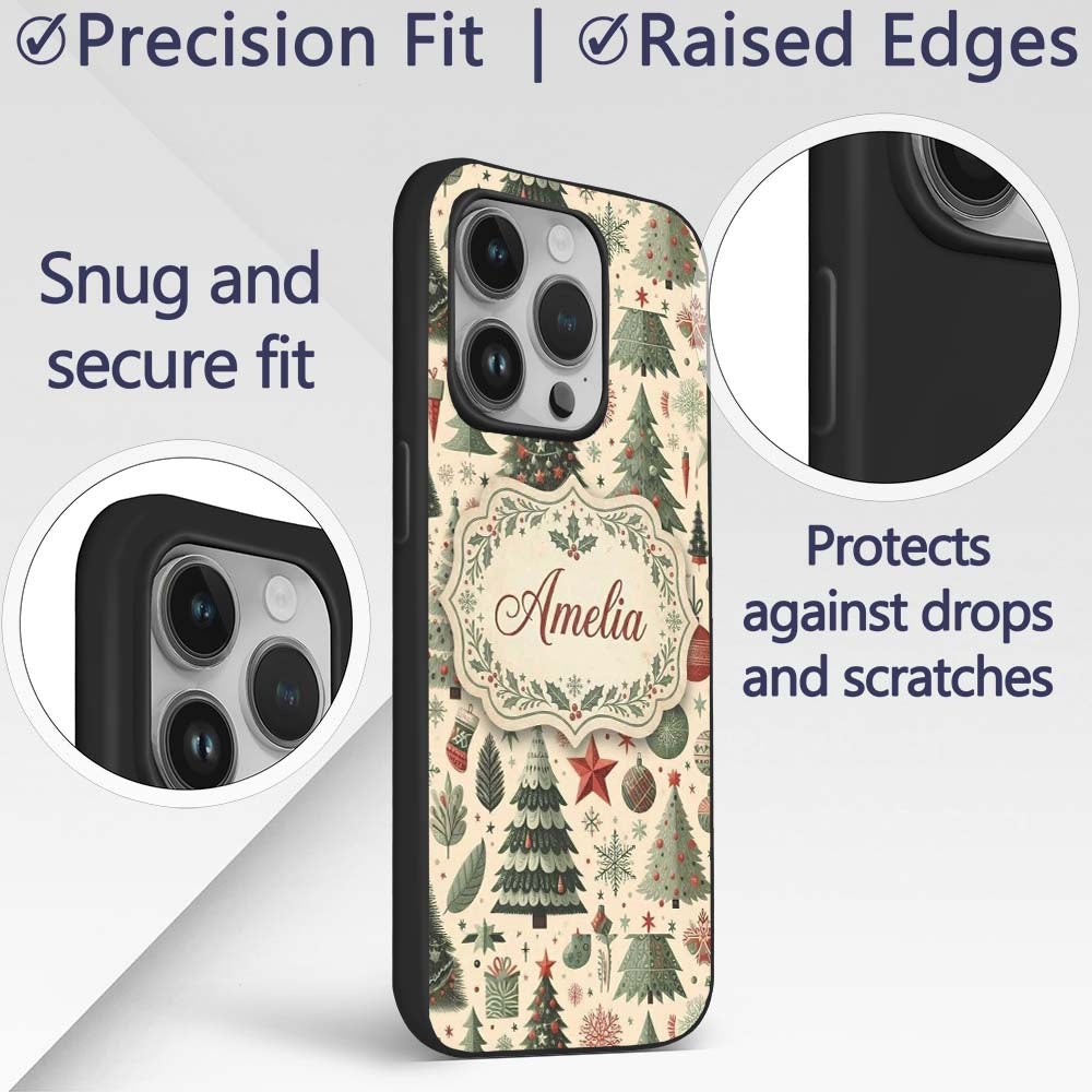Festive Christmas Trees Gifts Snowflakes and Custom Name Protective Phone Case Mobile Cover Durable Everyday Smartphone Shock Resistant