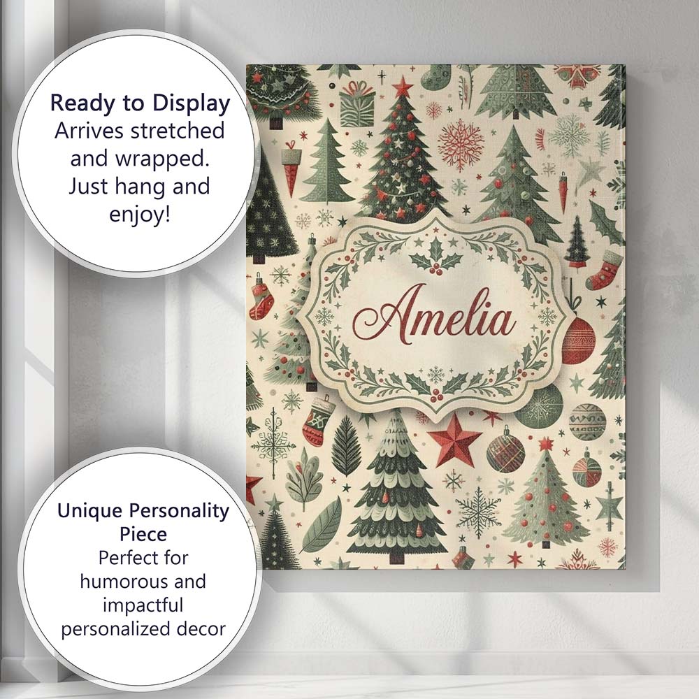 Personalised Name Festive Christmas Trees Custom Unique Gift Idea Elegant Feature Canvas Wall Art Print Decor Picture Ready to Hang