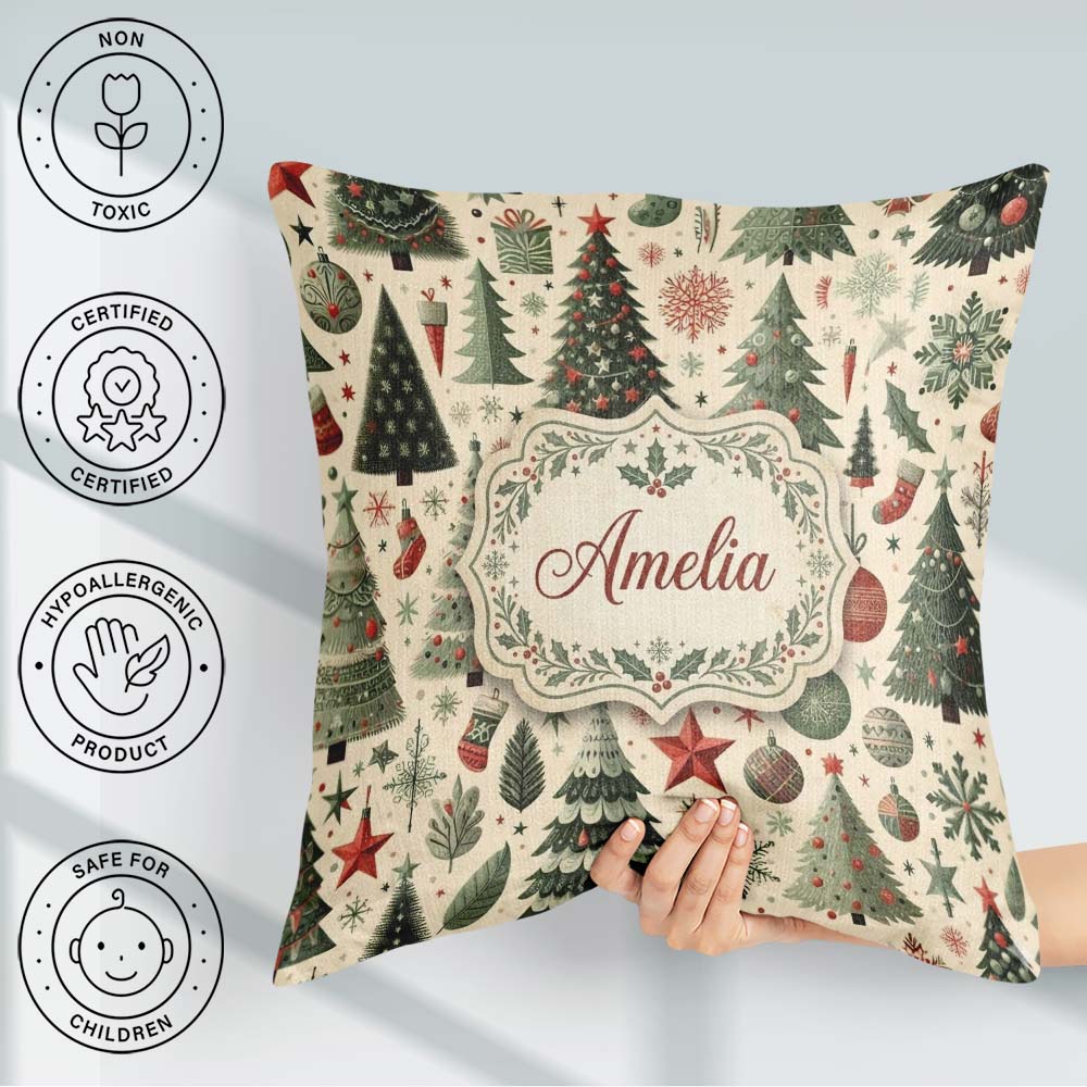 Custom Name Festive Christmas Trees Gifts and Ornaments Seamless Square Filled Cushion Throw Pillow Sofa Bed Home Decor Zip Washable UK Made