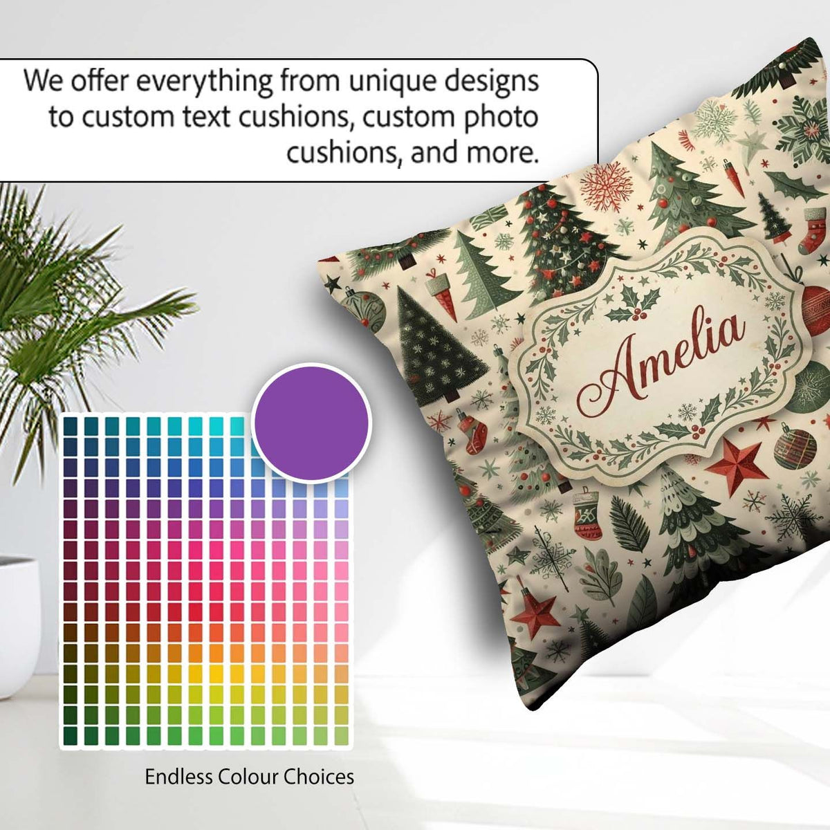 Custom Name Festive Christmas Trees Gifts and Ornaments Seamless Square Filled Cushion Throw Pillow Sofa Bed Home Decor Zip Washable UK Made