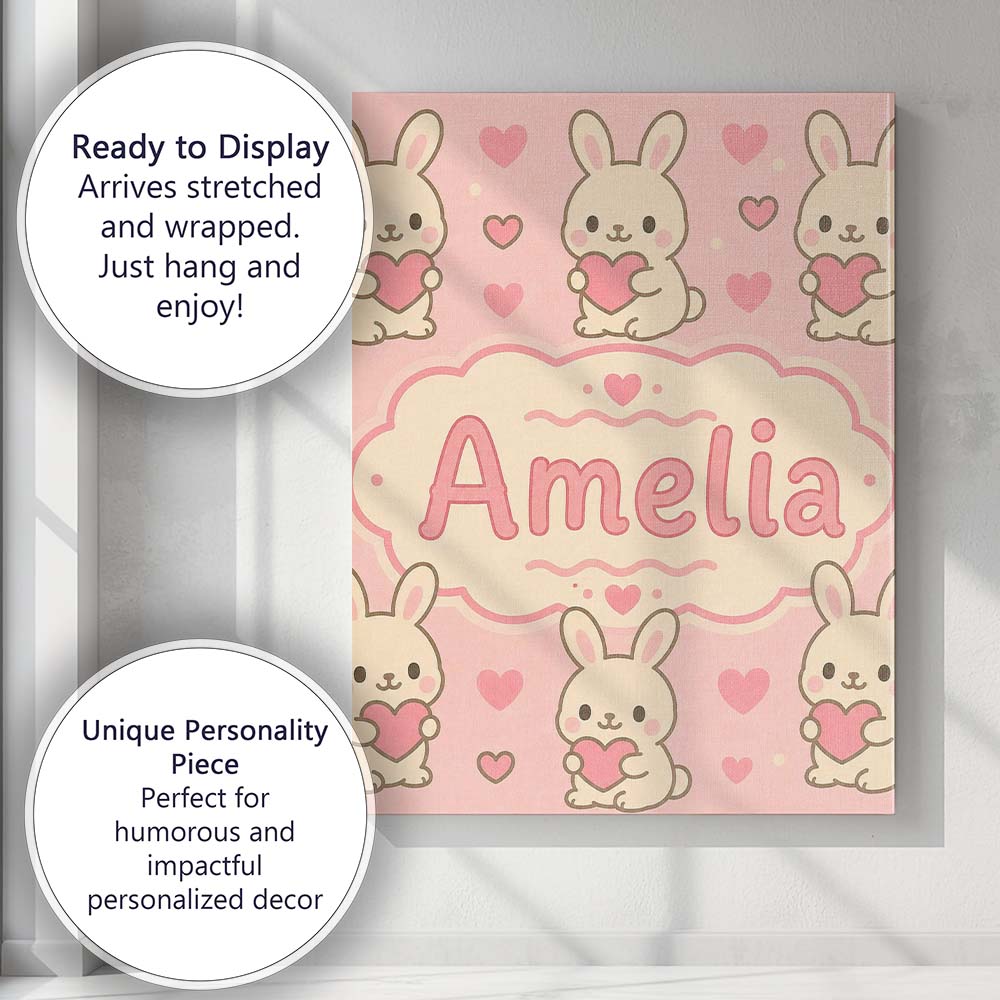 Personalised Name Cute Bunny Heart Cartoon Animal Love Pattern Custom Modern Room Accent Canvas Wall Art Print Decor Picture Ready to Hang