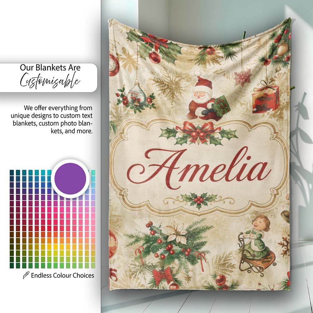 Vintage Christmas Santa Children Holly Ornaments Snowflakes Festive Personalised Custom Name Super Soft Fleece Blanket Bed Sofa Throw