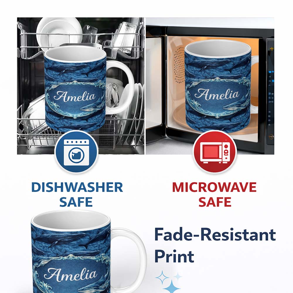 Personalized Custom Name Deep Blue Whale Underwater Seamless Pattern Ocean Marine Design 11oz Ceramic Coffee Tea Mug White Large Handle