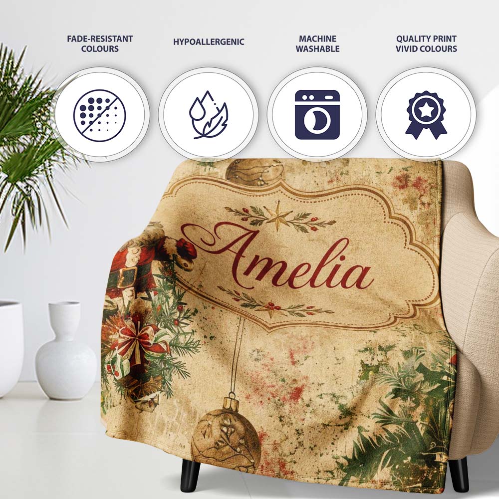 Rustic Santa Claus Christmas Pine Branches Baubles Vintage Holiday Personalised Custom Name Super Soft Fleece Blanket Bed Sofa Throw