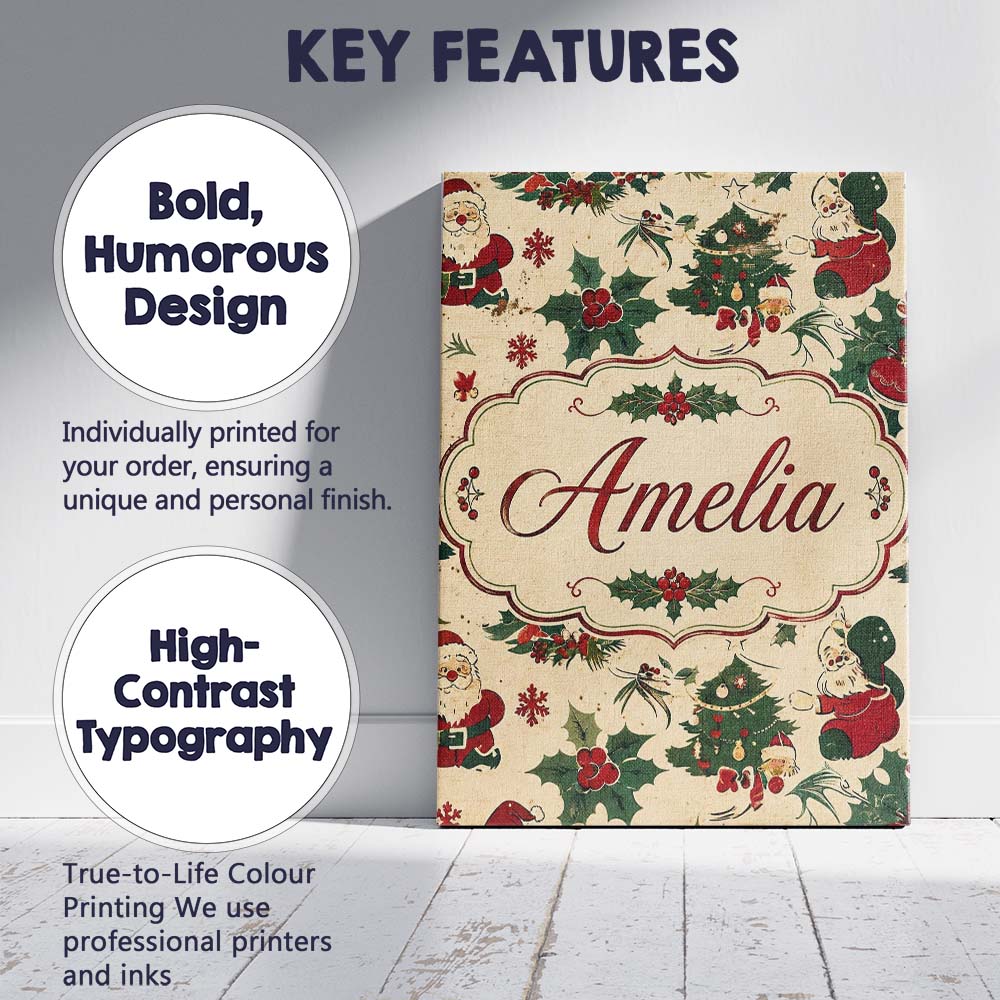 Personalised Name Cute Cartoon Santa Custom Premium Decorative Design Modern Room Accent Canvas Wall Art Print Decor Picture Ready to Hang